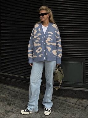 DAZY Blue Cloud Print Oversized Cardigan Knit Sweater Cozy Size M